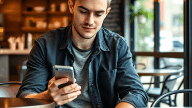 Photo of an entrepreneur using his smartphone in a coffee shop