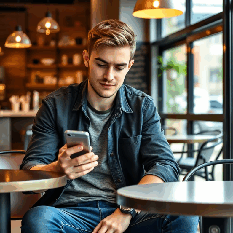 Photo of an entrepreneur using his smartphone in a coffee shop